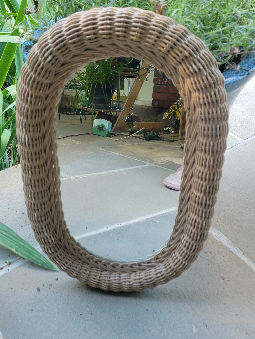 Vtg Taupe Wicker Oval Mirror Cottage Shabby Chic Vanity Lake House 18”x12”